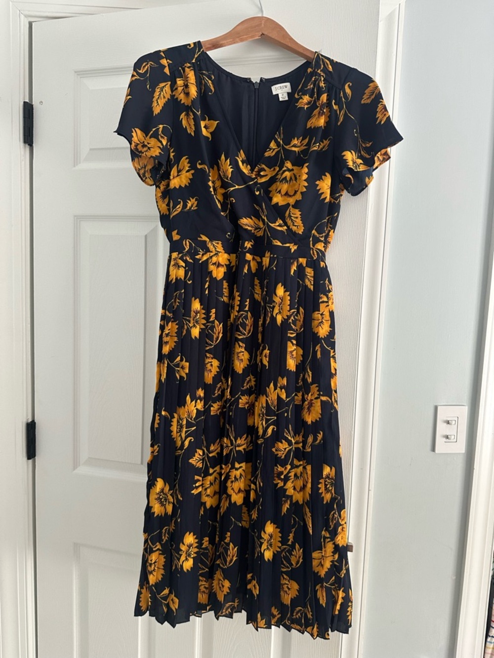 J. Crew Navy Midi Dress with Mustard Floral Print, Size 2